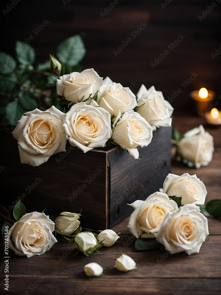 Gift box with white roses on a dark wooden background. Gift box with white roses on a dark wooden background.