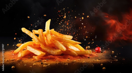 French fries with flying ingredients and spices hot ready to serve and eat. Food commercial advertisement. Menu banner with copy space area photo