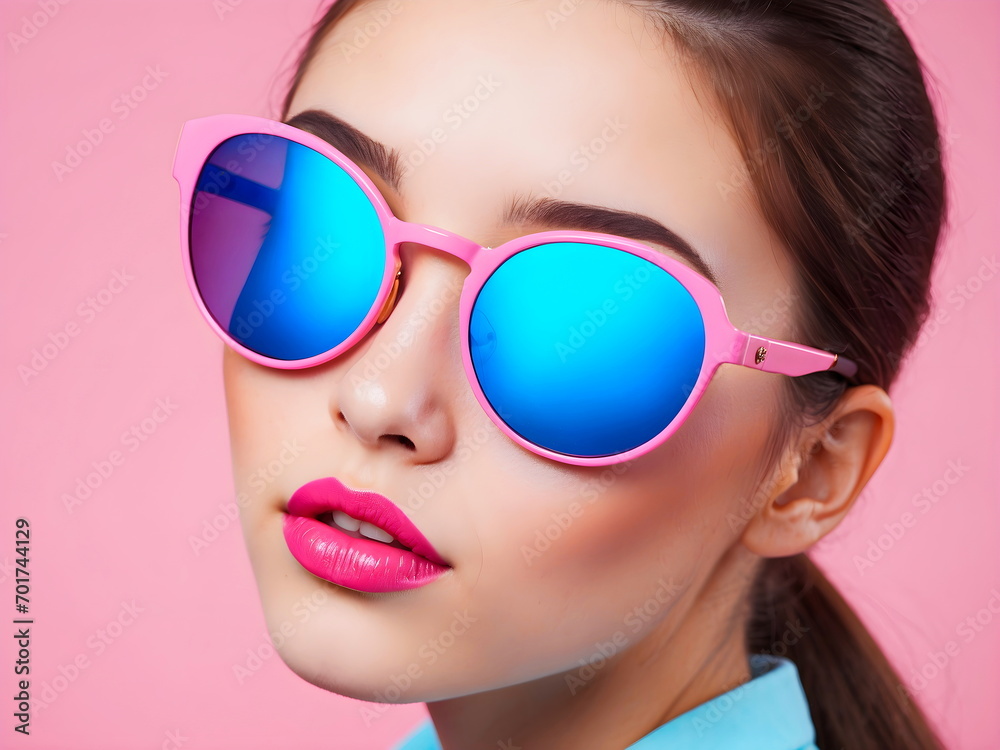 beautiful girl fashion with sunglasses,blue pink generative AI beautiful girl fashion with sunglasses,blue pink generative AI