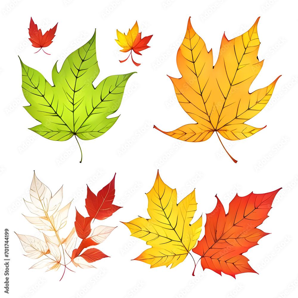 Fototapeta premium Autumn's Ballet: Delicate leaves pirouette gracefully on a crisp white canvas, a symphony of warm hues whispering tales of fall's fleeting beauty.