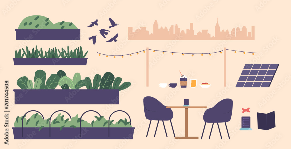 Greenhouse Rooftop Restaurant Set. Lush Foliage, Elegant Table, Ambient Lighting, Cozy Seating, And Panoramic View