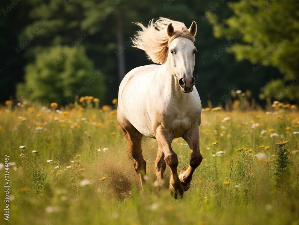 A beautiful horse freely running across a picturesque meadow, creating a sense of grace and freedom.