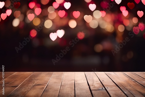 Blank Canvas for Love: Empty Wooden Table with Blurred Valentine's Day Theme.