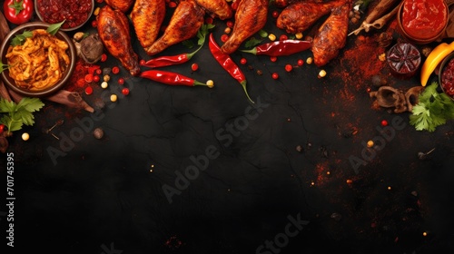 Barbeque with flying ingredients and spices hot ready to serve and eat. food commercial advertisement. menu banner with copy space area. Grill food photo