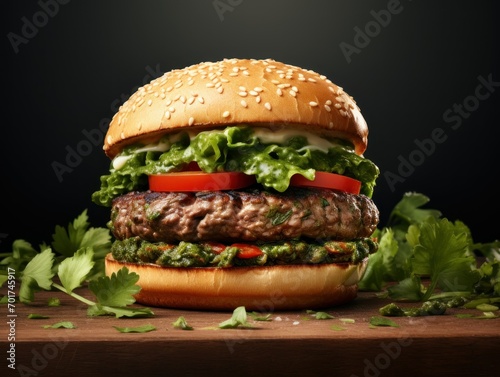 Delicious hamburger with fresh vegetables on wooden board