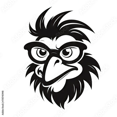 Expressive cartoon bird face with glasses and a prominent beard in black and white.