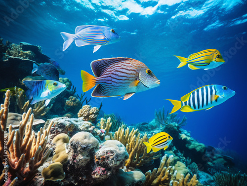 Vibrant tropical fish gracefully swim in a coral reef, creating a mesmerizing underwater spectacle. © Szalai