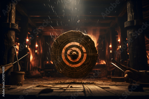 Axe throwing hit the bullseye cornhole wood board shield target striking sport competition