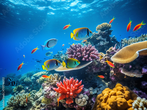 A vibrant school of tropical fish gracefully swim in the coral reef's crystal-clear waters.