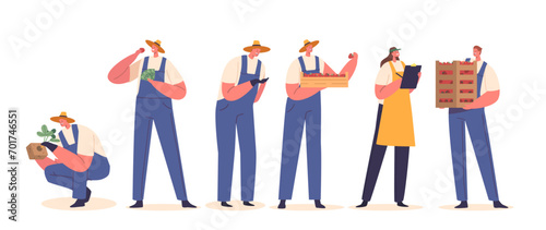 Diligent Worker Characters With Strawberry Seedlings And Harvest. People Cultivating And Harvesting Ripe Berries