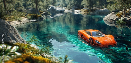 Transparent orange toy car floating over a crystal-clear lake in a futuristic forest.