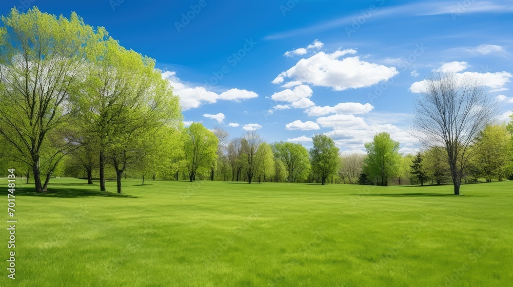 Vibrant green landscape under a bright blue sky with fluffy white clouds Vibrant green landscape under a bright blue sky with fluffy white clouds