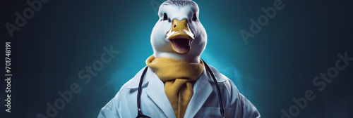 Obese doctor duck wearing a bright doctors coat, poster, Quack medical concept. Fake Surgeon photo