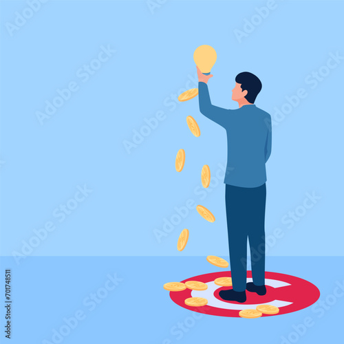 people hold idea lamps and coins fall from them, a metaphor for intellectual property rights. Simple flat conceptual illustration.