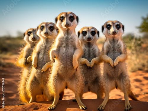 A playful gang of meerkats standing on their hind legs, entertainingly observing their surroundings.