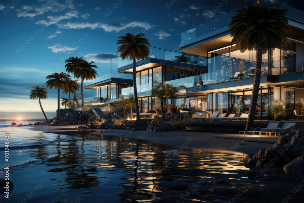 Luxury modern hotel by the sea with palm trees at sunset