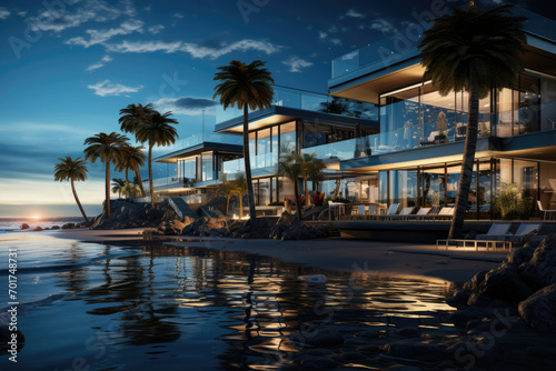 Luxury modern hotel by the sea with palm trees at sunset