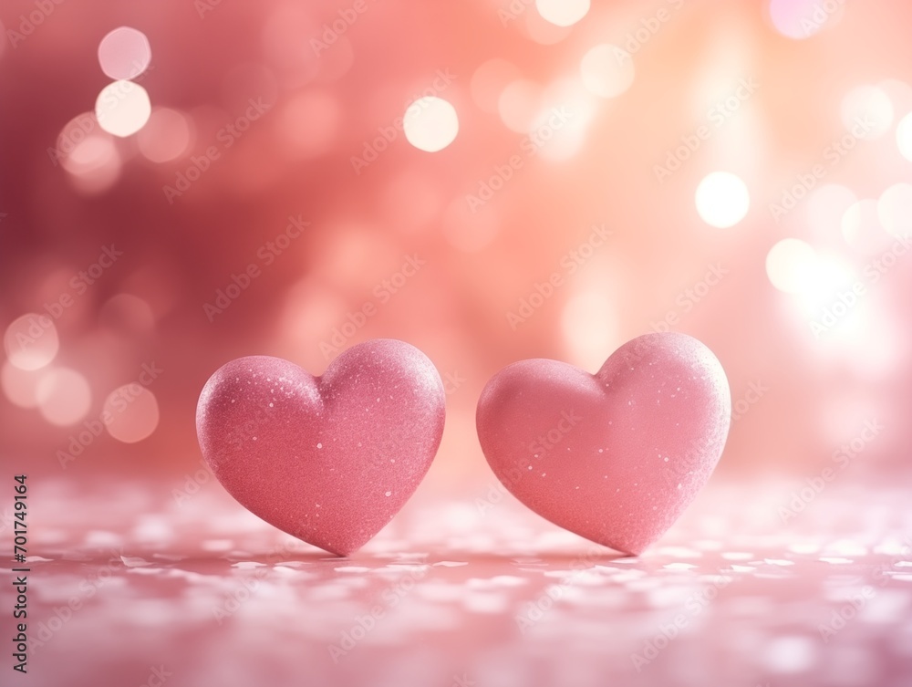 Two candy hearts on a bokeh lights in heart shapes on a pink background, dreamy and romantic atmosphere for Valentine's Day