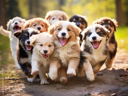 A delightful scene of cute and mischievous puppies happily frolicking and playing together.