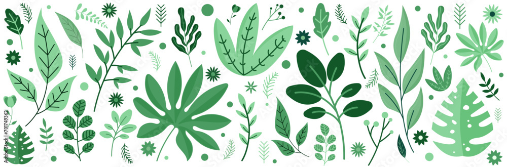 Ensemble de végétaux - Illustrations vectorielles éditables de feuilles, branches, plantes et fleurs vertes - Set d'éléments décoratifs dissociés - Flat design sobre et léger - Collection végétale
