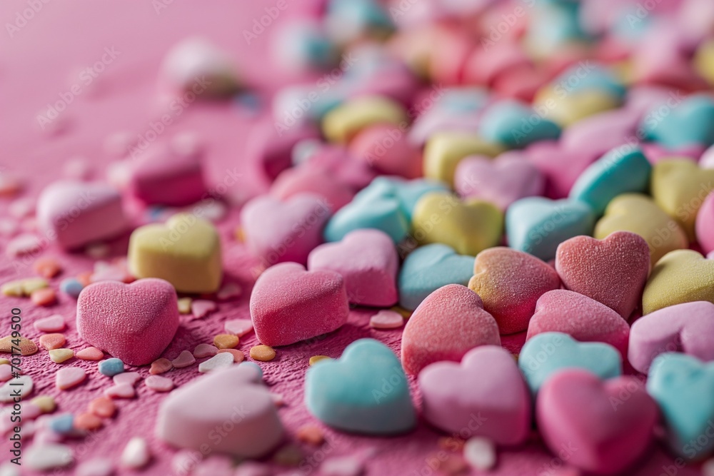 Valentine's Day candy hearts scattered on a pink surface, colorful and sweet, perfect for background Valentine's Day candy hearts scattered on a pink surface, colorful and sweet, perfect for background