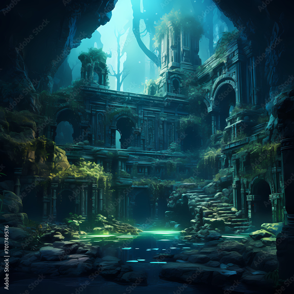 Ancient ruins overgrown with bioluminescent plants.