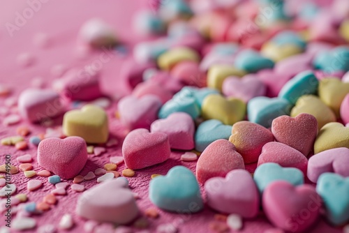 Valentine's Day candy hearts scattered on a pink surface, colorful and sweet, perfect for background