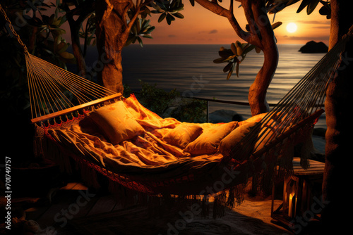 Hammock fixed between the trees on the seashore at sunset. Relaxing holidays