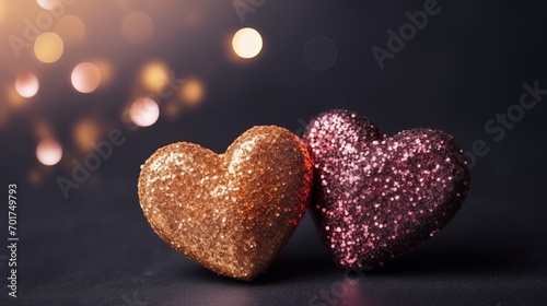 Glittery gold and pink hearts on a black background, sparkling and luxurious, Valentine's Day concept