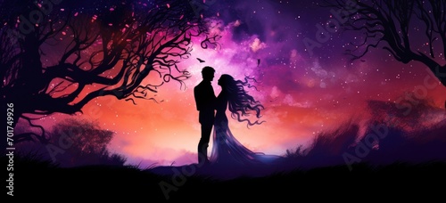 Romantic couple silhouette against vibrant twilight sky. Love and romance. Banner.
