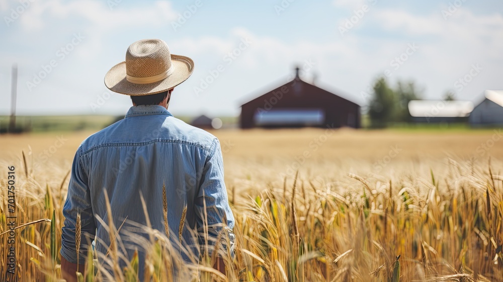 Adult white american farmer man standing on a wheat grass field.