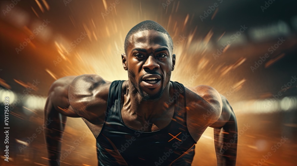 Closeup of a professional black african american track sprinter running on a stadium.