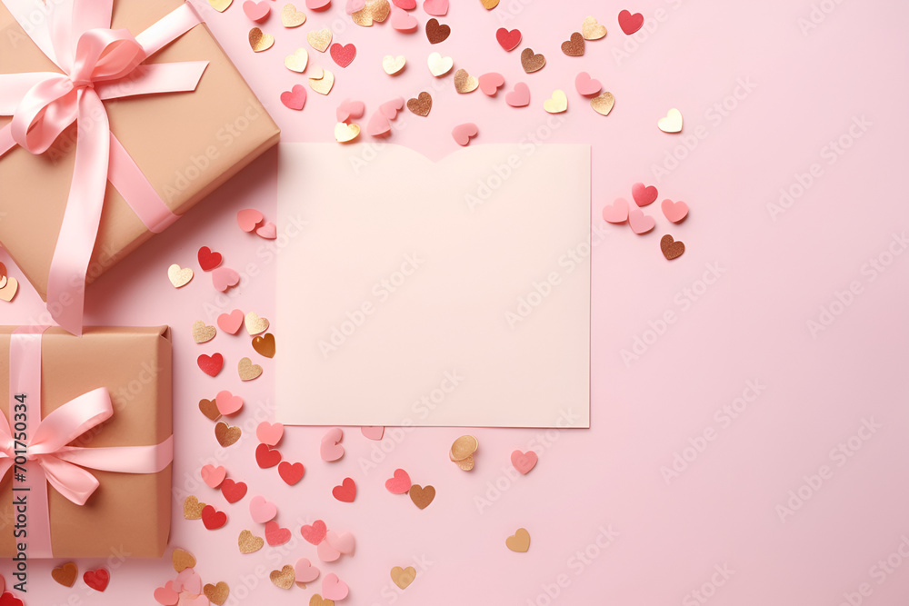 Layout for the holiday of Valentine's Day, gift, confetti and hearts, on a pink background with copy space.