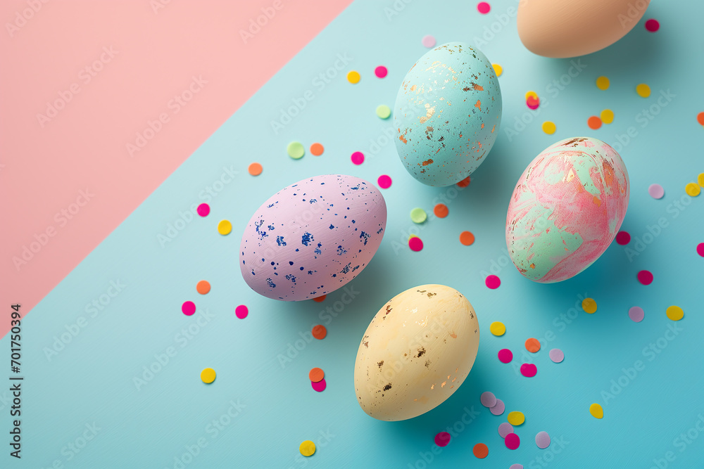 Abstract holiday easter background, yellow, blue, pink color eggs. Easter banner can be used for holiday design, banners, greeting cards. Copy space
