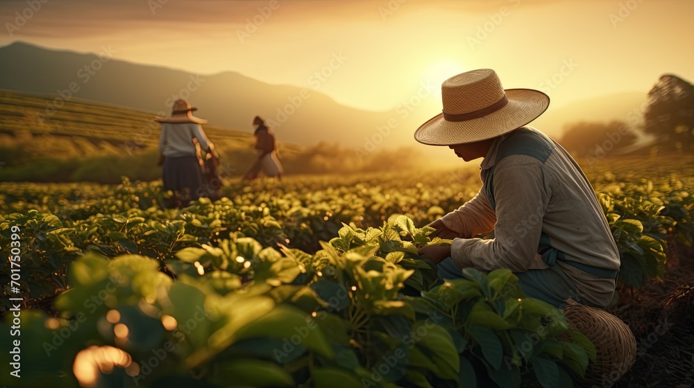 Farmer workers working at coffee plantation fields harvesting beans wearing vintage clothing with straw hats. - obrazy, fototapety, plakaty 