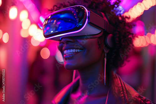 Young black African American female gamer smiling and VR gaming at night