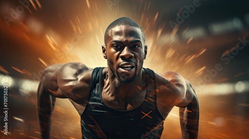 Closeup of a professional black african american track sprinter running on a stadium.