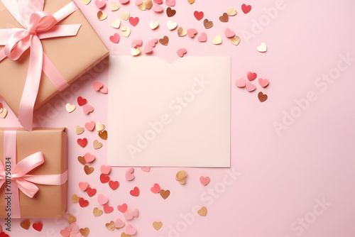 Layout for the holiday of Valentine's Day, gift, confetti and hearts, on a pink background with copy space. © Мария Фадеева