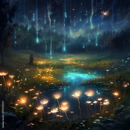 Bioluminescent fireflies in a magical meadow.