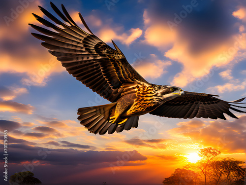 madagascar serpent eagle in flight against the backdrop of a dramatic sunrise over-the savannah © GEMES