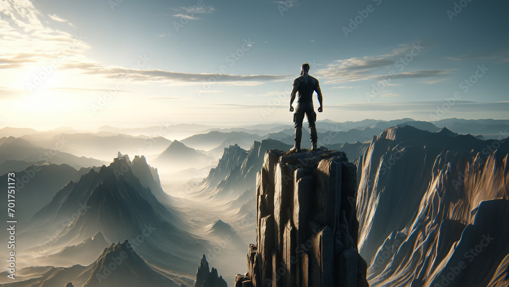 Man on Mountain Peak Overlooking Vast Terrain