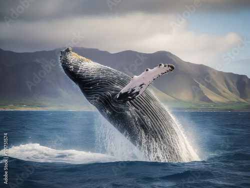 A stunning humpback whale leaping out of the water in a majestic display of power and grace. © Szalai