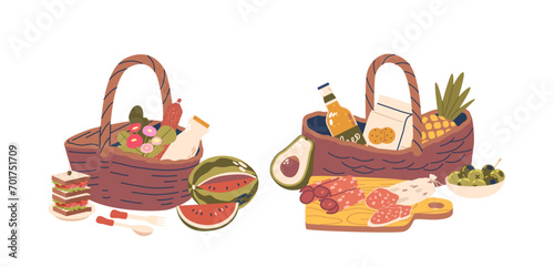 Picnic Baskets Filled With Delicious Products And Drinks, Perfect For A Leisurely Outdoor Meal, Vector Illustration