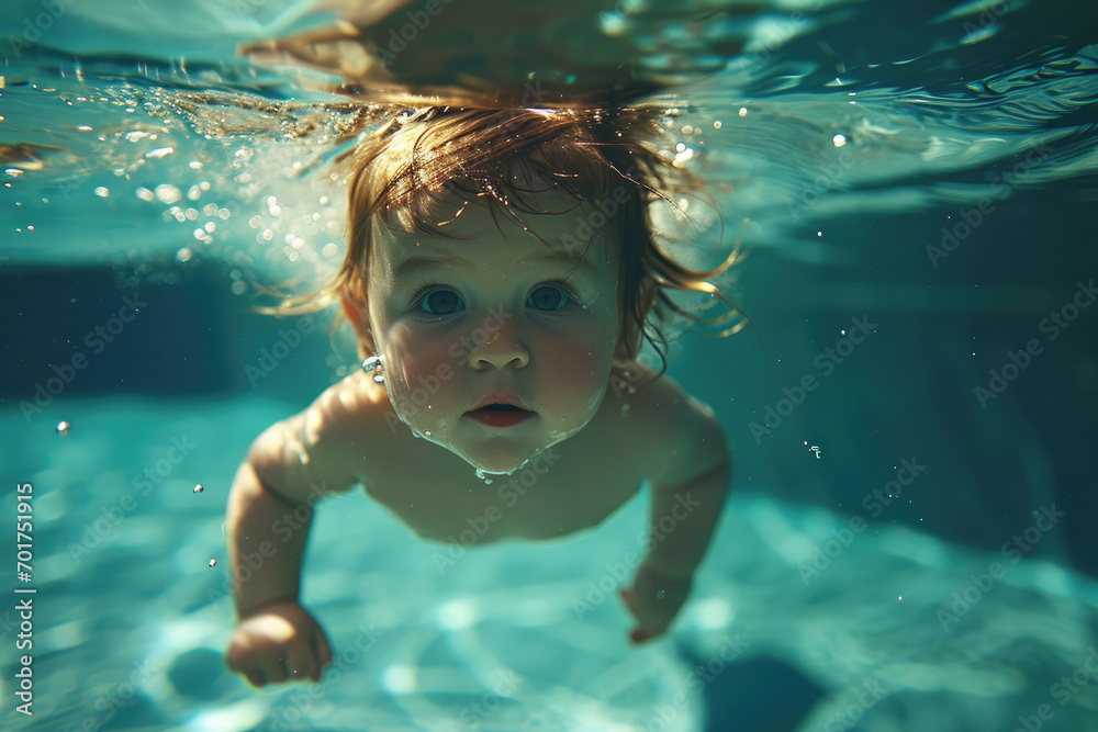 a baby swimming underwater of a swimming pool