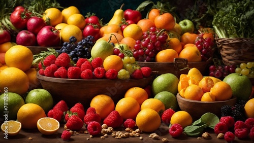 Colorful ripe tropical fruits with oranges  apples  grapes  straw berries