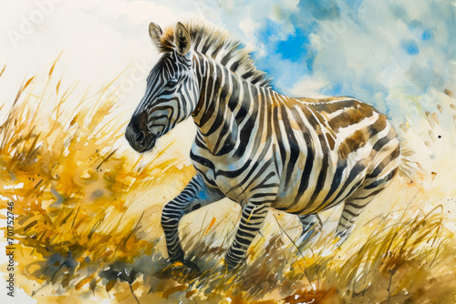 Portrait of a zebra running through the fields watercolor