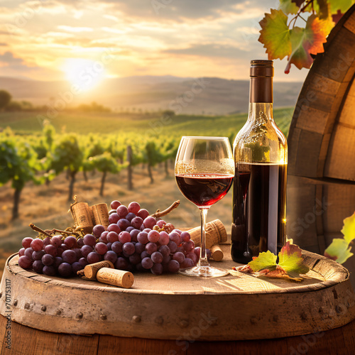 Glass Of Wine With Grapes And Barrel On A Sunny Background.