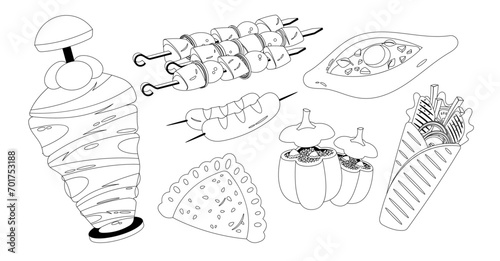 Eastern Food Outline Icons Vector Set. Kebabs, Khachapuri, Stuffed Bell Pepper And Shawarma With Bold Flavors