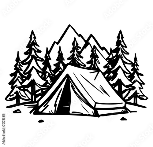 tourist tent camping in mountains at sunset
