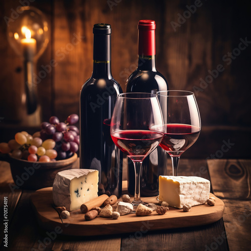 Wine composition with cheese, grapes and wine bottle on wooden background